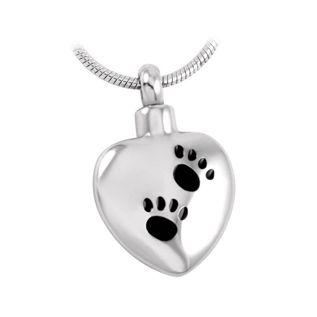 J-369 - Rounded Heart with Two Paw Prints - Silver-tone - Pendant with Chain