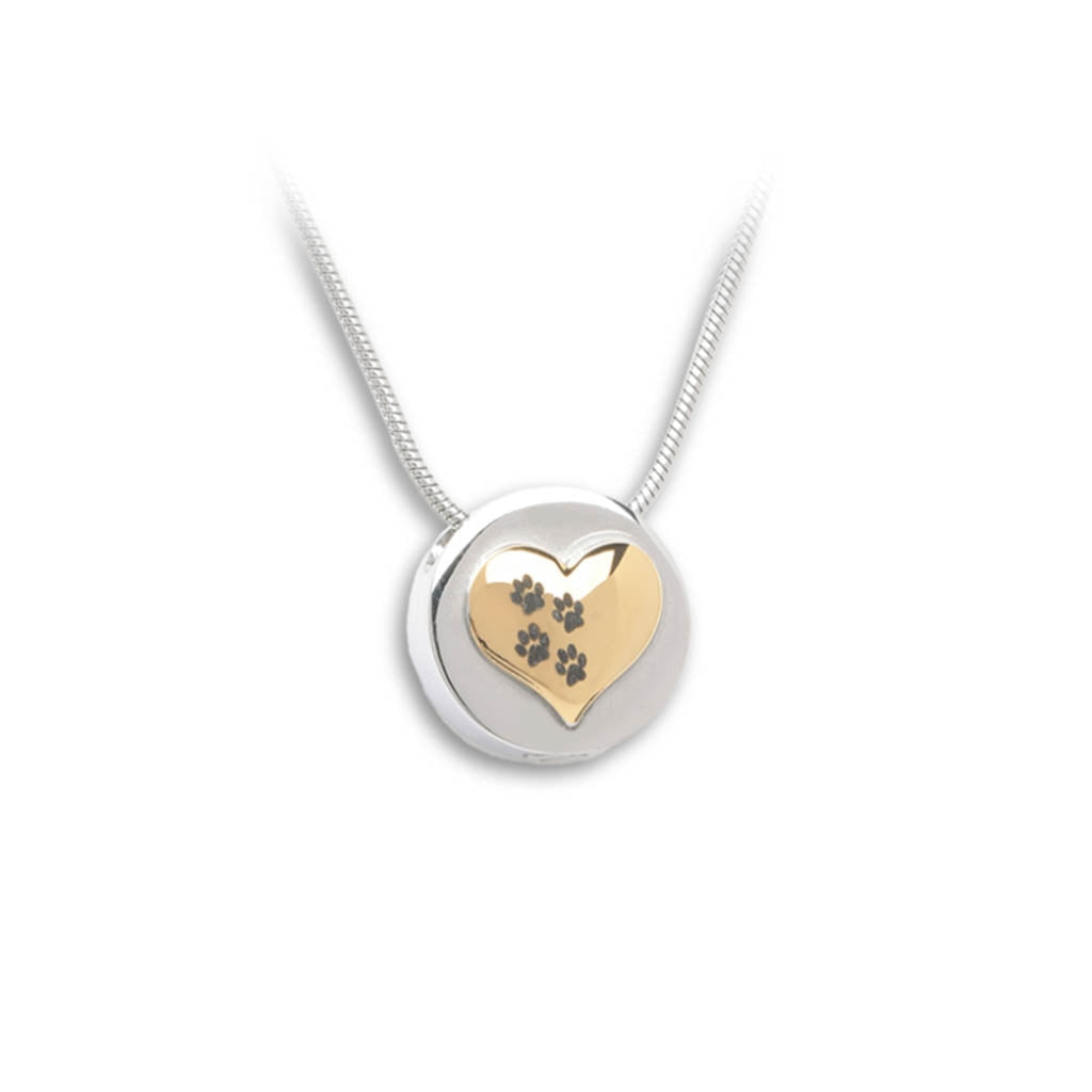 J-375 Silver Circle with Gold Heart and Paw Prints - Pendant with Chain