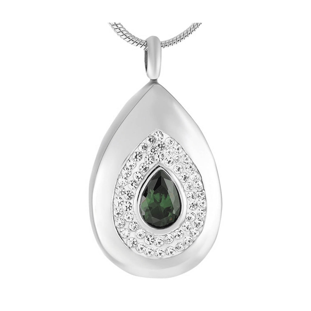 CLEARANCE J-392 - Emerald Green Teardrop with Rhinestones - Silver-tone - Pendant with Chain