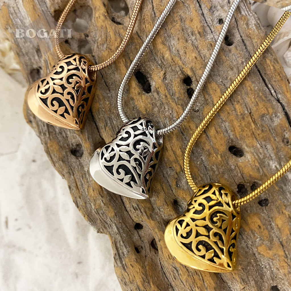 J-432 - Filigree Heart - Silver-tone - Pendant with Chain - 3 colors