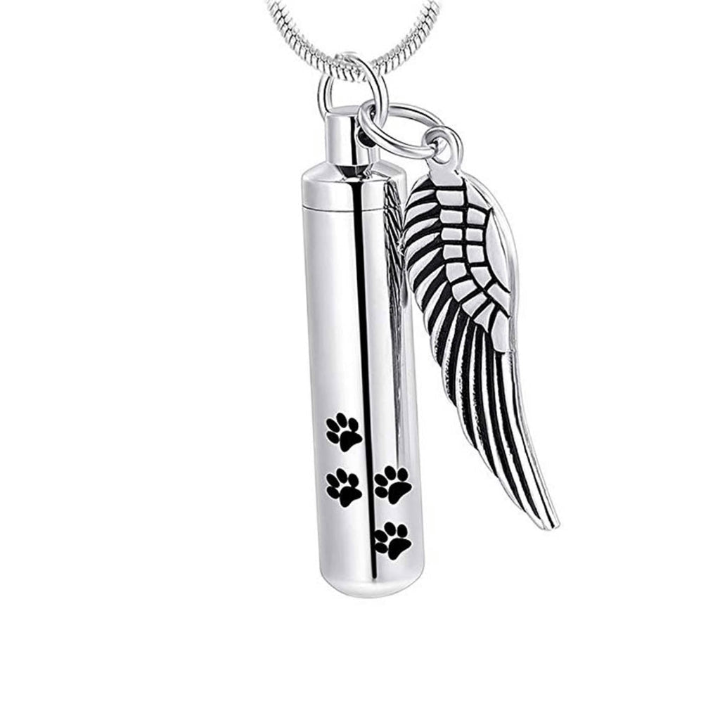 J-525 Cylinder with Paw Prints and Wing – Pendant with Chain - Silver