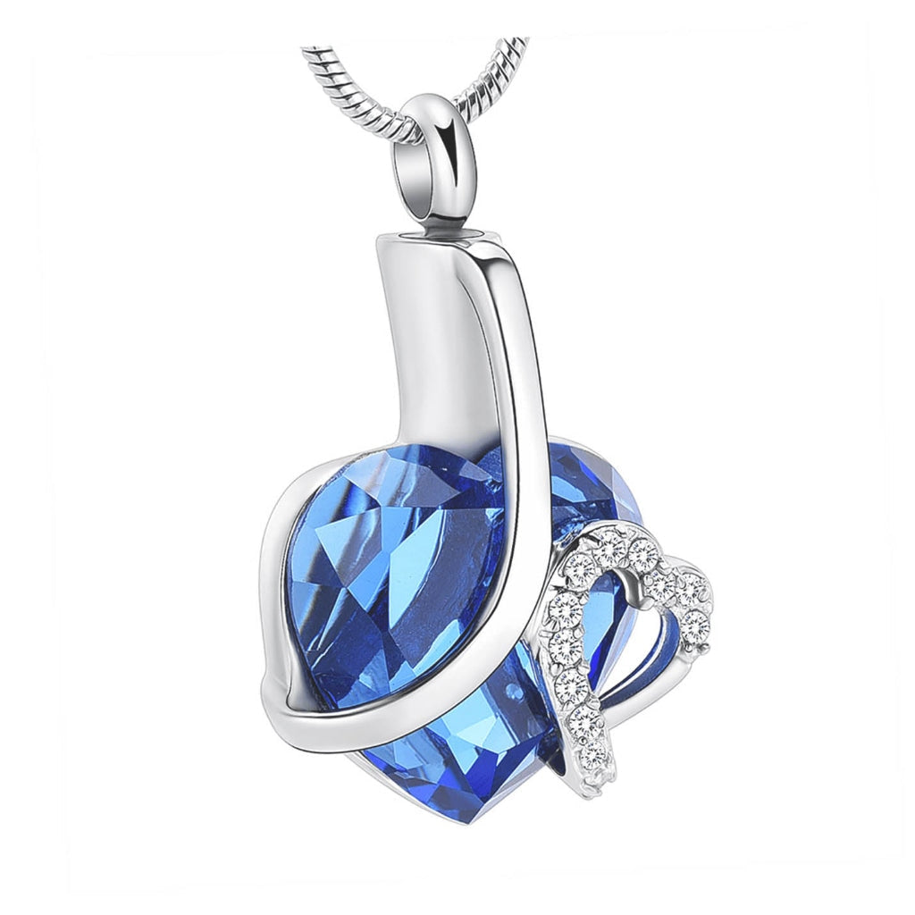  Blue Glass Heart with Rhinestones - Pendant with Chain