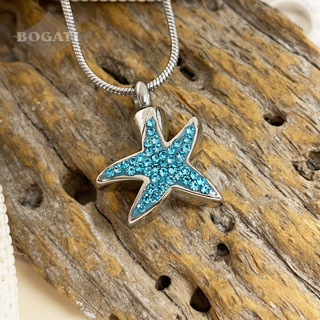 CLEARANCE- J-592 - Silver-tone Starfish with Blue enamel and rhinestones - Pendant with Chain