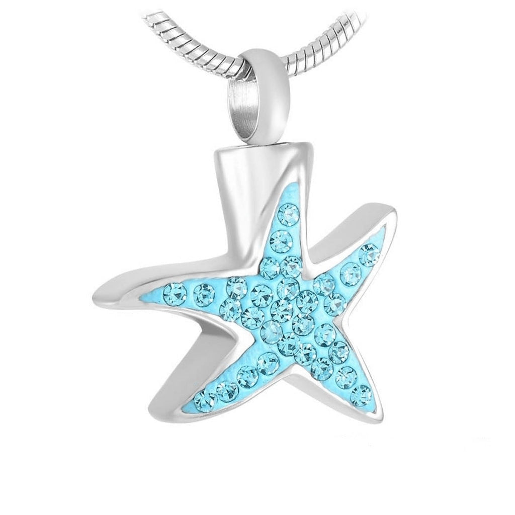 CLEARANCE- J-592 - Silver-tone Starfish with Blue enamel and rhinestones - Pendant with Chain
