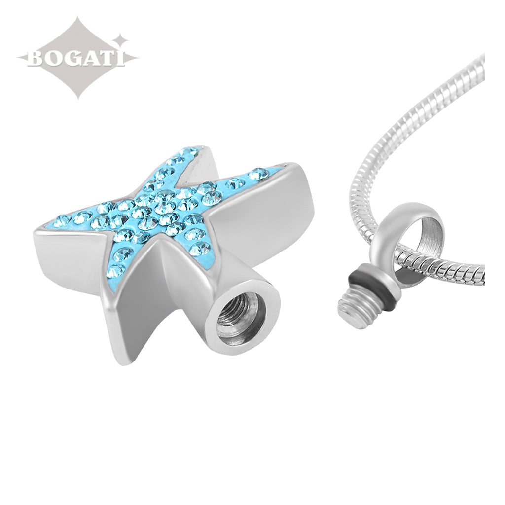 CLEARANCE- J-592 - Silver-tone Starfish with Blue enamel and rhinestones - Pendant with Chain