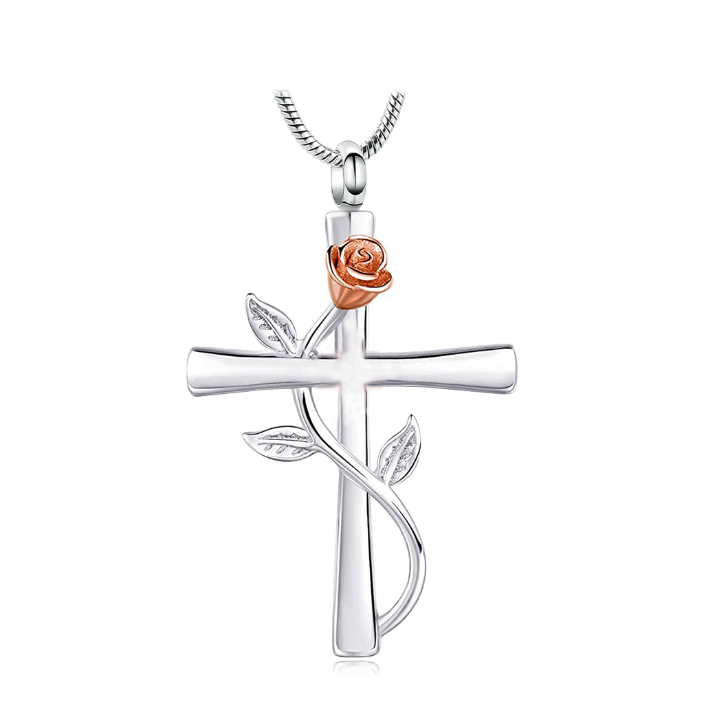 J-610 - Silver-tone Cross with Vine and Rose Flower in Rose Gold-tone - Pendant with Chain