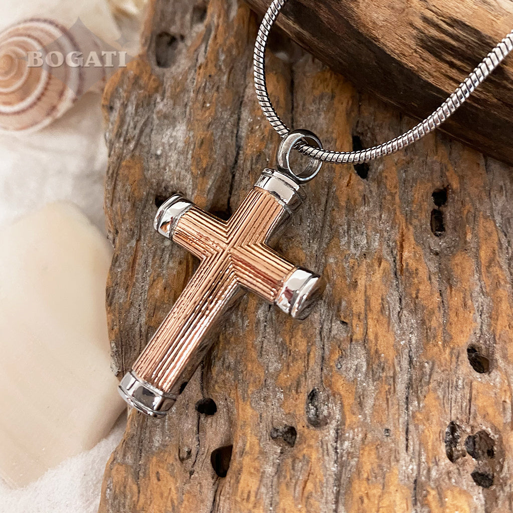 J-615 Straight lines etching Cross -Rose Gold & Silver tones - Pendant with Chain
