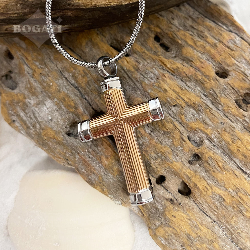 J-615 Straight lines etching Cross -Rose Gold & Silver tones - Pendant with Chain