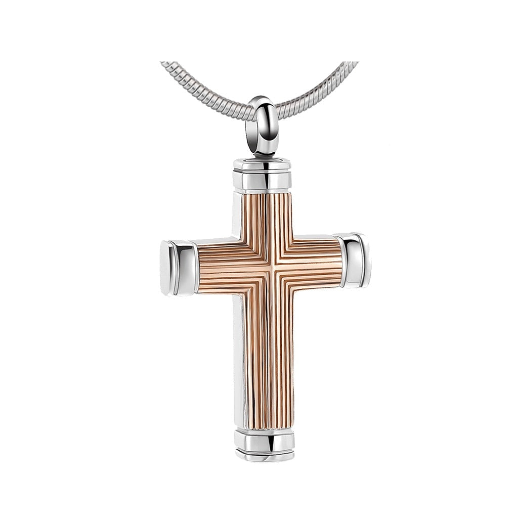 J-615 Straight lines etching Cross -Rose Gold & Silver tones - Pendant with Chain