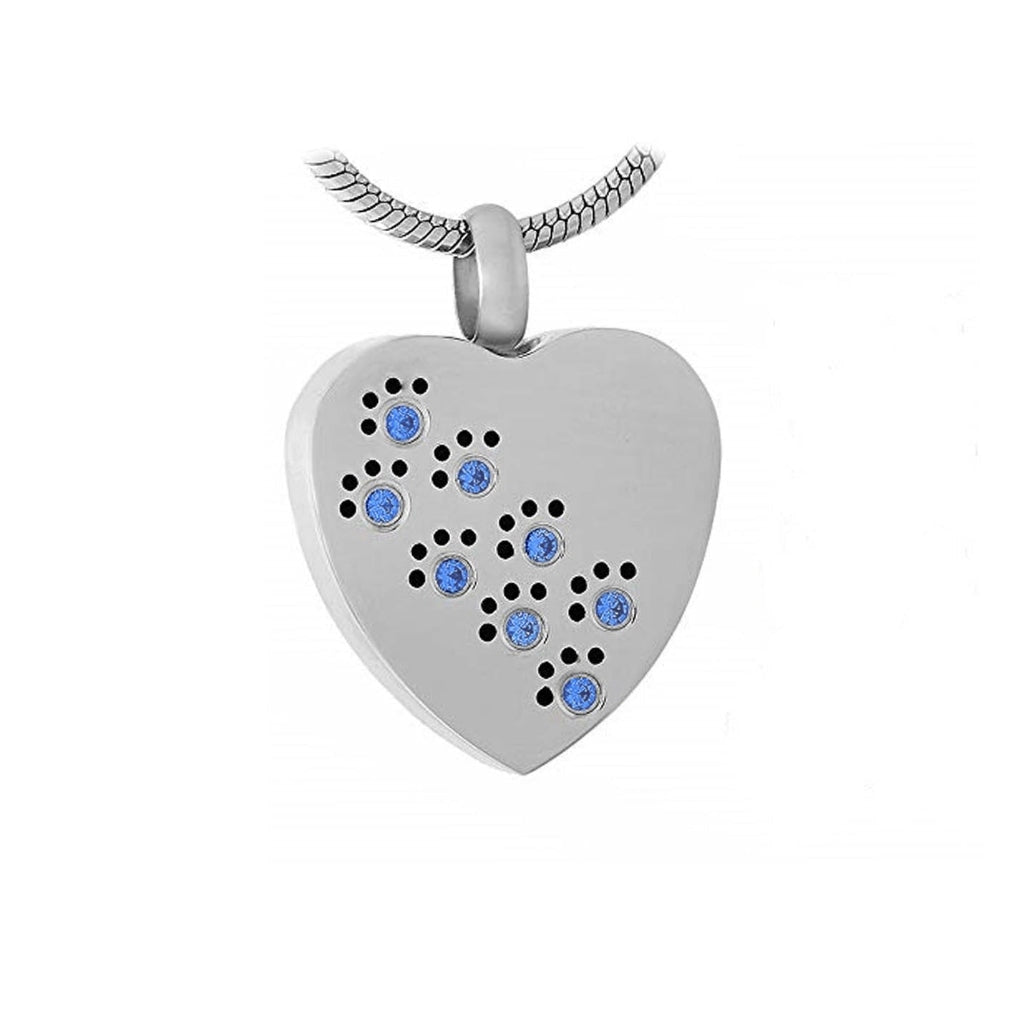 J-623 - Silver-tone Heart with Paw Print Rhinestones - Pendant with Chain - Blue