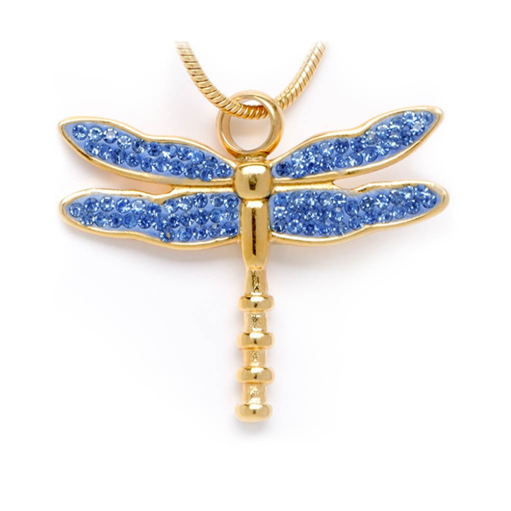 J-7149 - Blue Winged Dragonfly - Gold-tone - Pendant with Chain