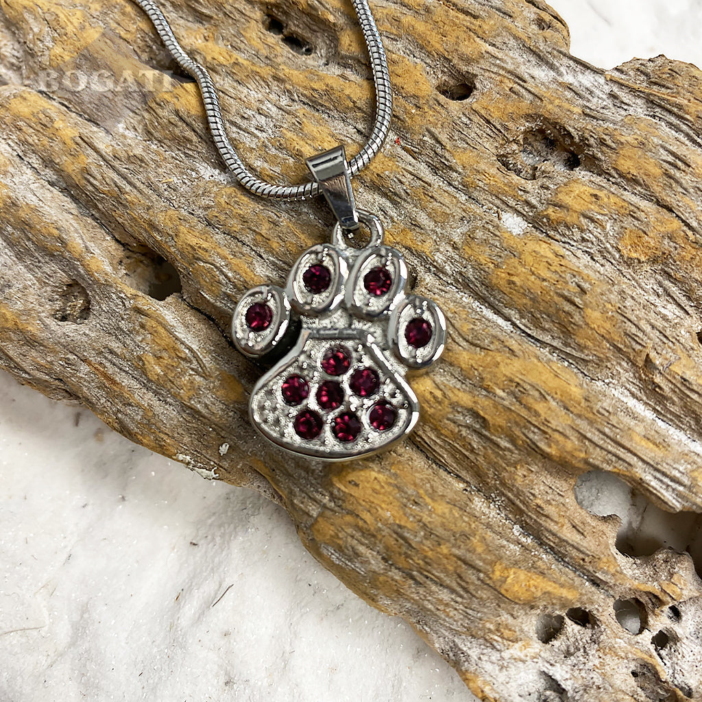 J-756 Paw with Rhinestones – Pendant with Chain - Burgundy color