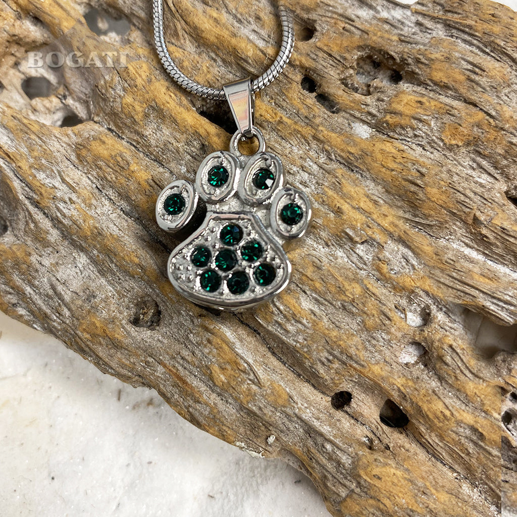 J-756 Paw with Rhinestones – Pendant with Chain - Emerald