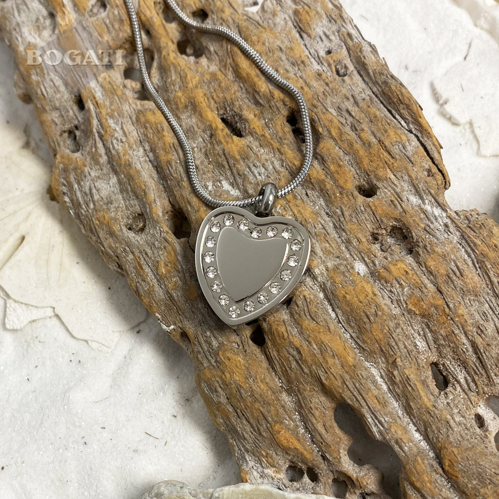 J-764- Silver Heart with Rhinestones – Pendant with Chain - Pack of 10
