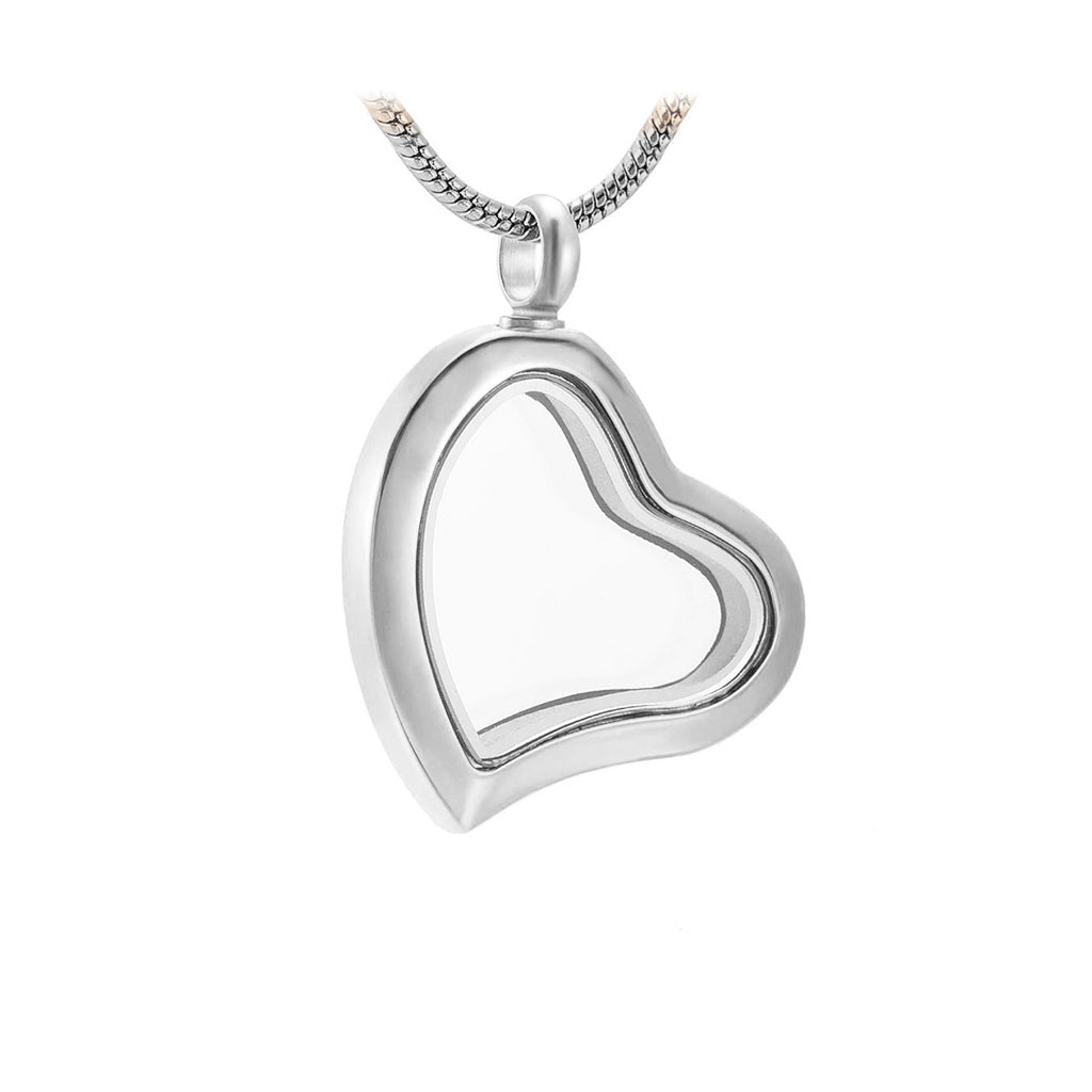 J-8886 - Fillable Curved Glass Heart - Pendant with Chain - Silver