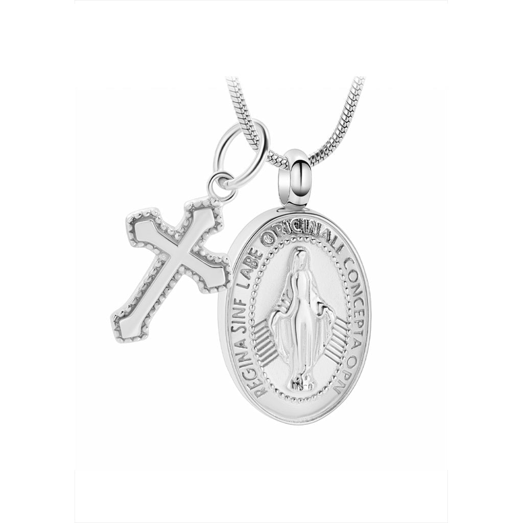 J-908 - Virgin Mary and Cross - Silver-tone - Pendant with Chain