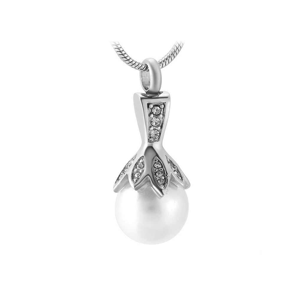 J-932 -White Pearl with Rhinestones - Silver-tone - Pendant with Chain