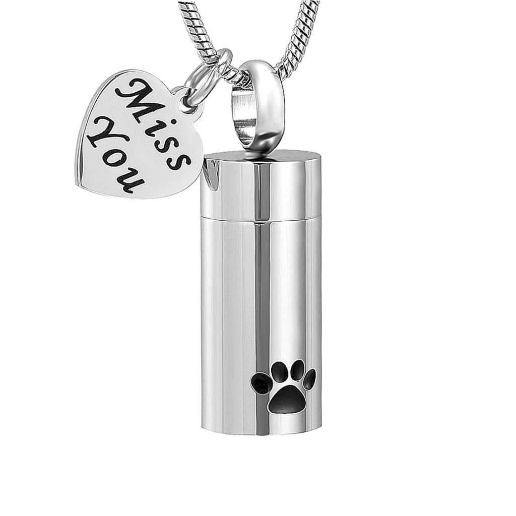 J-937 - Paw Print with Heart Charm Cylinder - Silver-tone - Pendant with Chain
