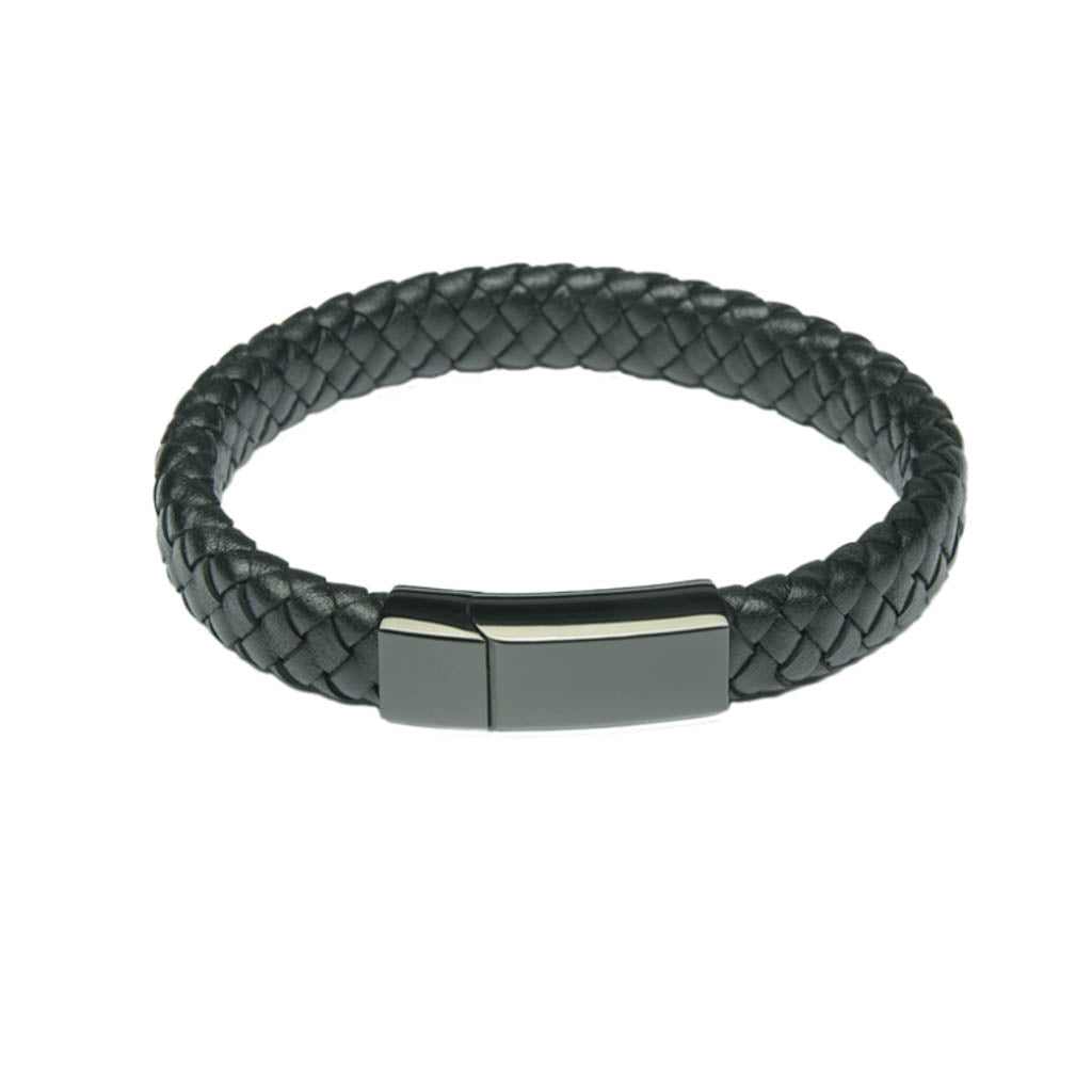 J-BRAC-12 Black Braided Leather Flat Bracelet with Modern Clasp - Black-tone - 8.5”