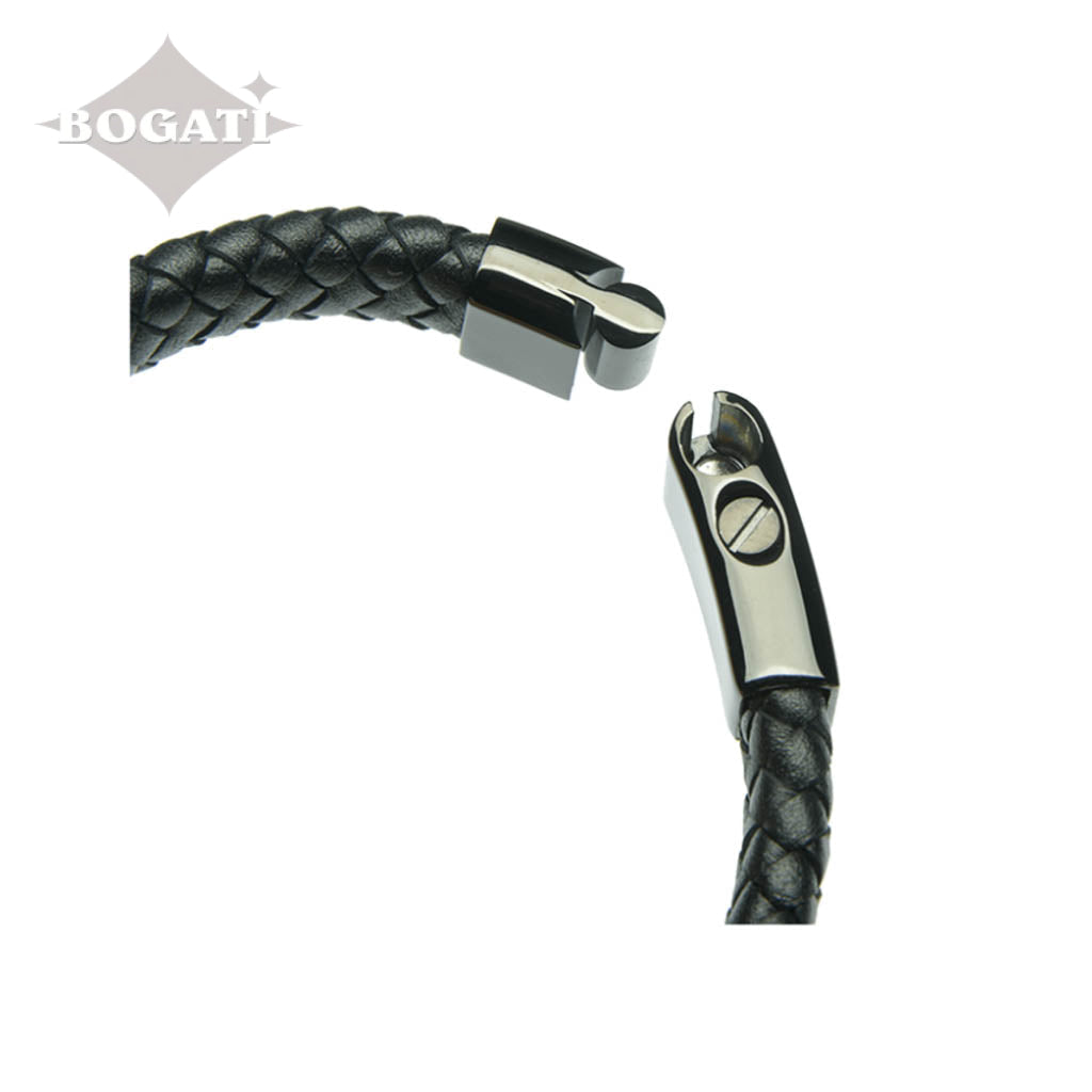 J-BRAC-12 Black Braided Leather Flat Bracelet with Modern Clasp - Black-tone - 8.5”