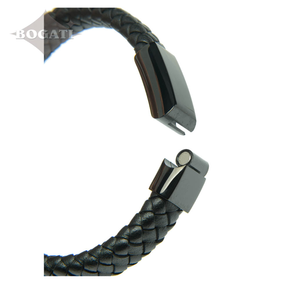 J-BRAC-12 Black Braided Leather Flat Bracelet with Modern Clasp - Black-tone - 8.5”