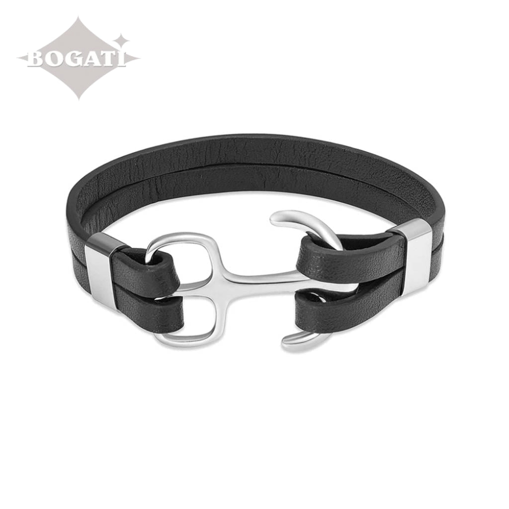 J-BRAC-14 Black Leather Bracelet with Silver Anchor - 7.5"