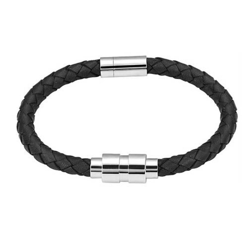 J-BRAC-06- Black Leather Braided Bracelet with Silver Clasp -7.25"