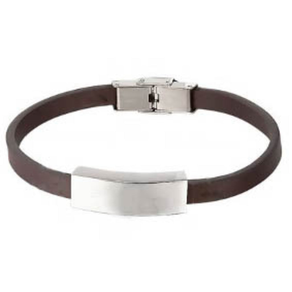 J-BRAC-07- Smooth Brown Leather Bracelet with Plaque - 7.25"