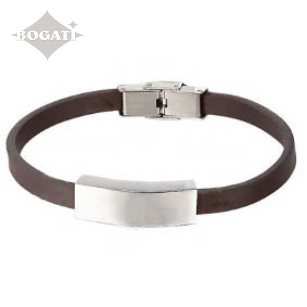 J-BRAC-07- Smooth Brown Leather Bracelet with Plaque - 7.25"