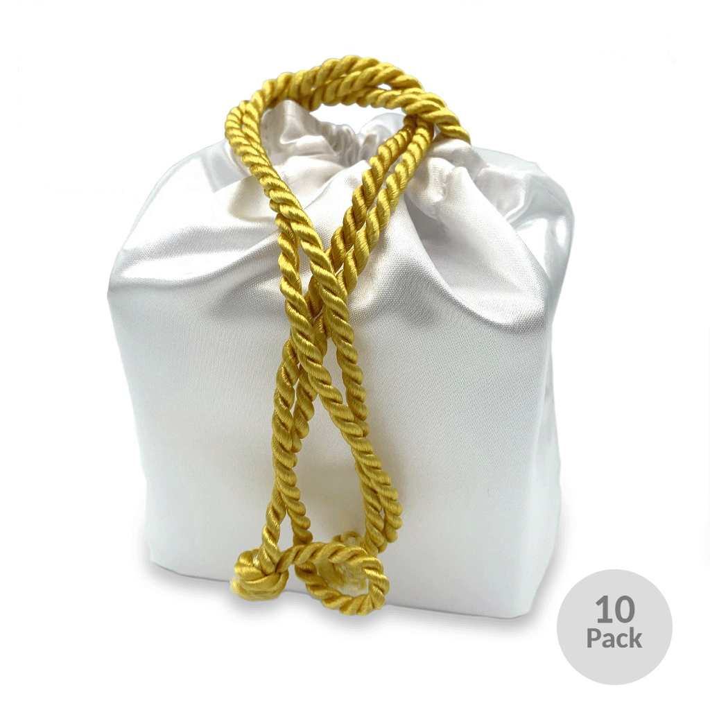 Large White Satin urn bag with gold rope - Pack of 10