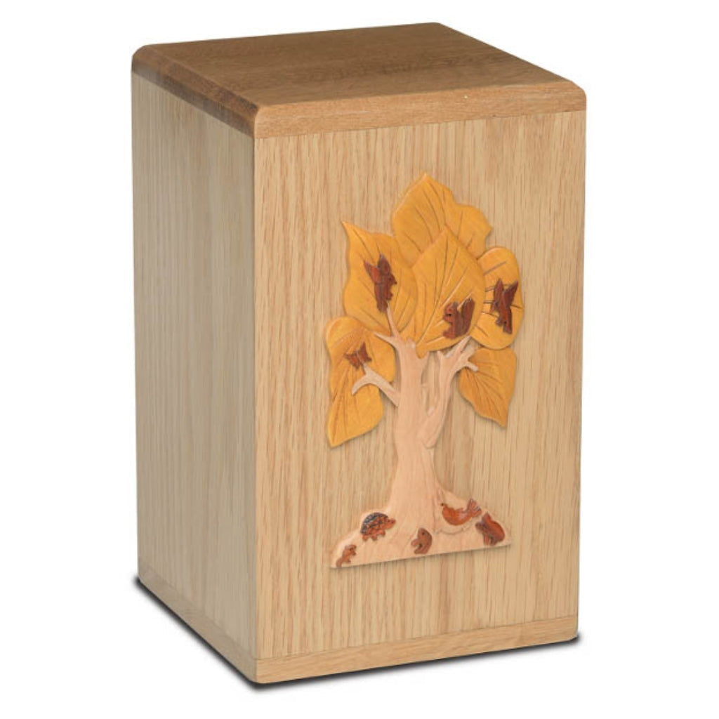 CLEARANCE ADULT Solid Oak Tower Urn with Artisan Applique - Tree Of Life