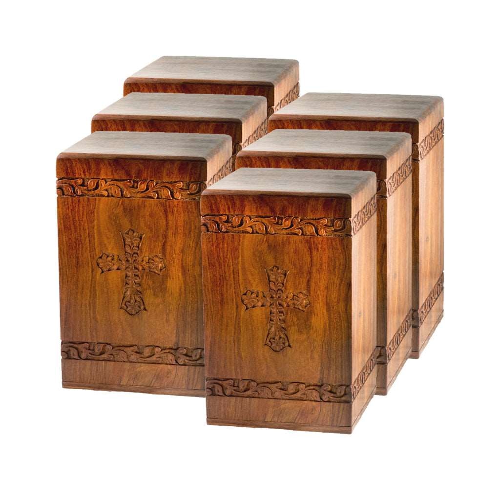 ADULT - Rosewood Tower Urn with Hand-Carved Cross Design - Case of 6