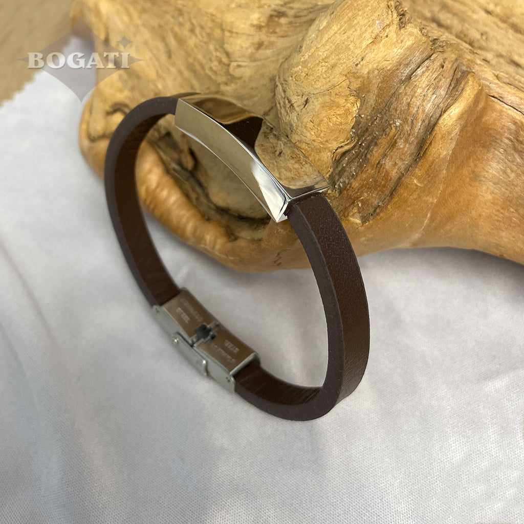 J-BRAC-07- Smooth Brown Leather Bracelet with Plaque - 7.25"