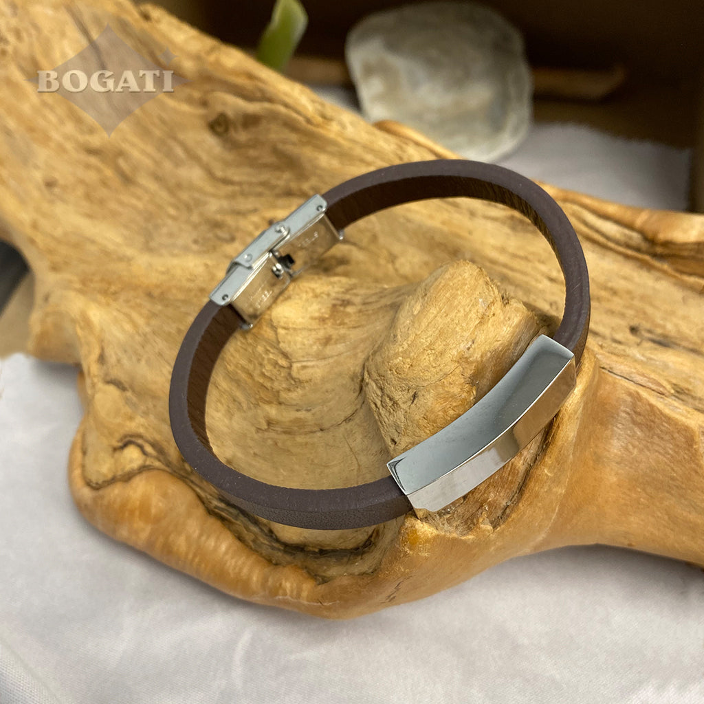 J-BRAC-07- Smooth Brown Leather Bracelet with Plaque - 7.25"