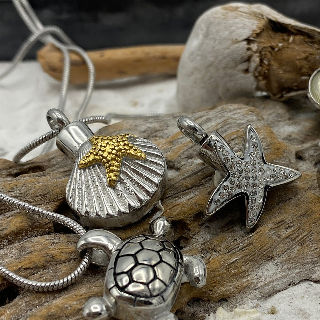 J-002 - Scallop Shell with Starfish - Silver and Gold-tones - Pendant with Chain