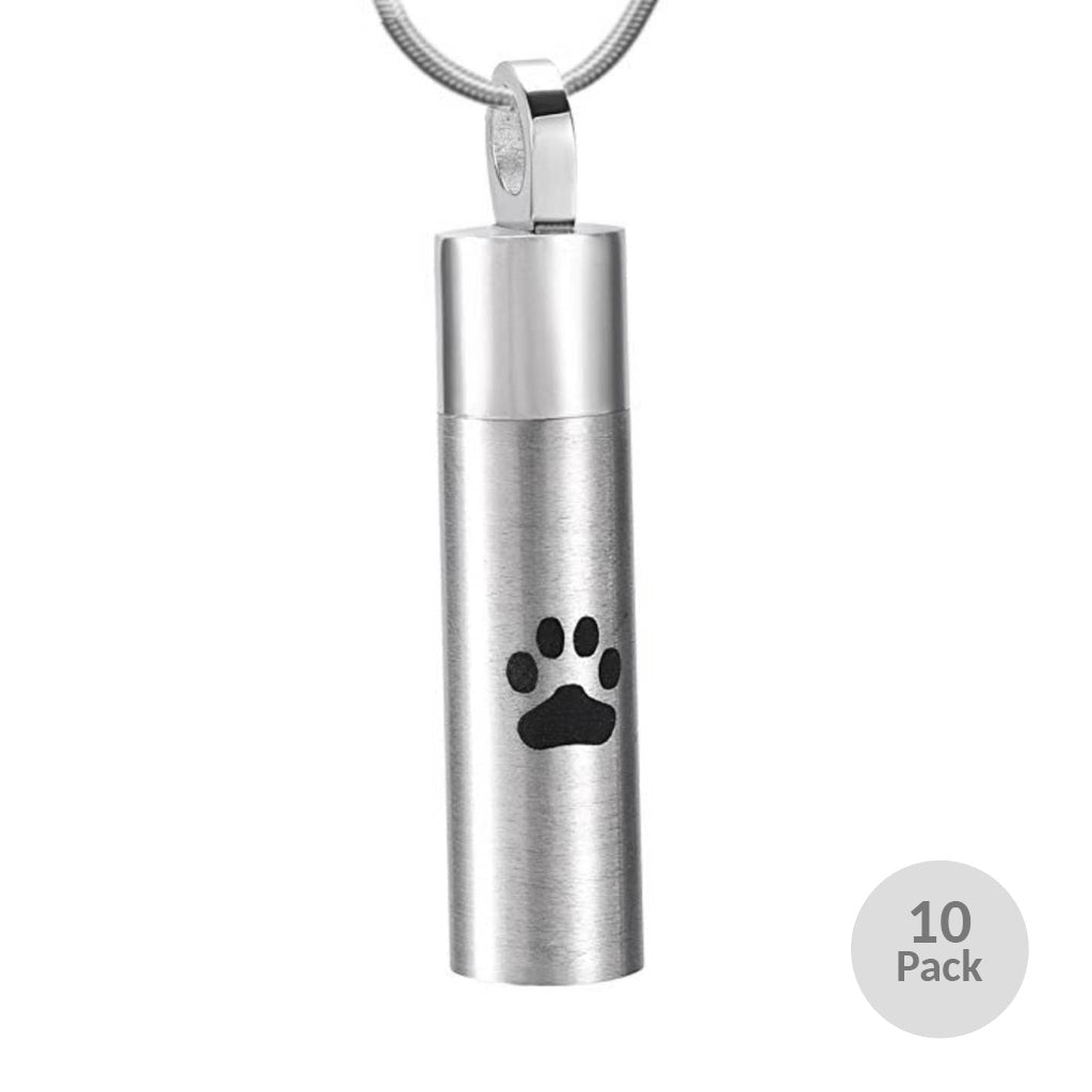 J-016 - Cylinder with Black Paw Print - Silver-tone - Pendant with Chain - Pack of 10