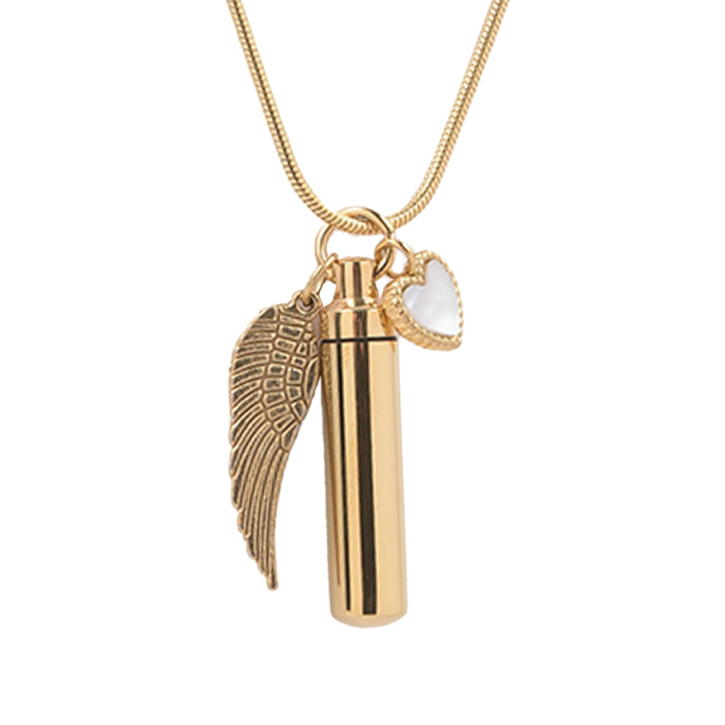 J-204 - Gold-tone Cylinder with Angel Wing and Mother of Pearl Heart - Pendant with Chain