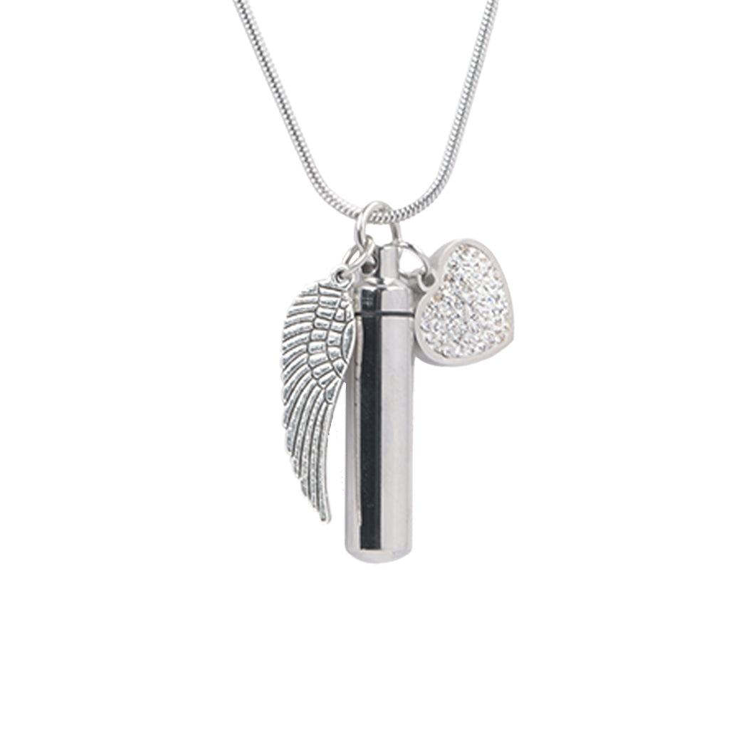 J-206 - Silver-tone Cylinder with Angel Wing and Crystal Heart - Pendant with Chain